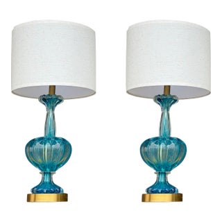 Mid 20th Century Mid-Century Modern Blue Murano Glass Table Lamps - a Pair For Sale