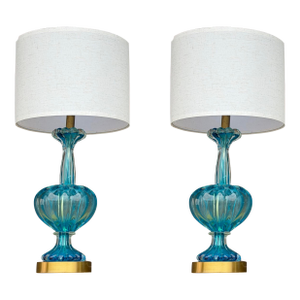 Mid 20th Century Mid-Century Modern Blue Murano Glass Table Lamps - a Pair