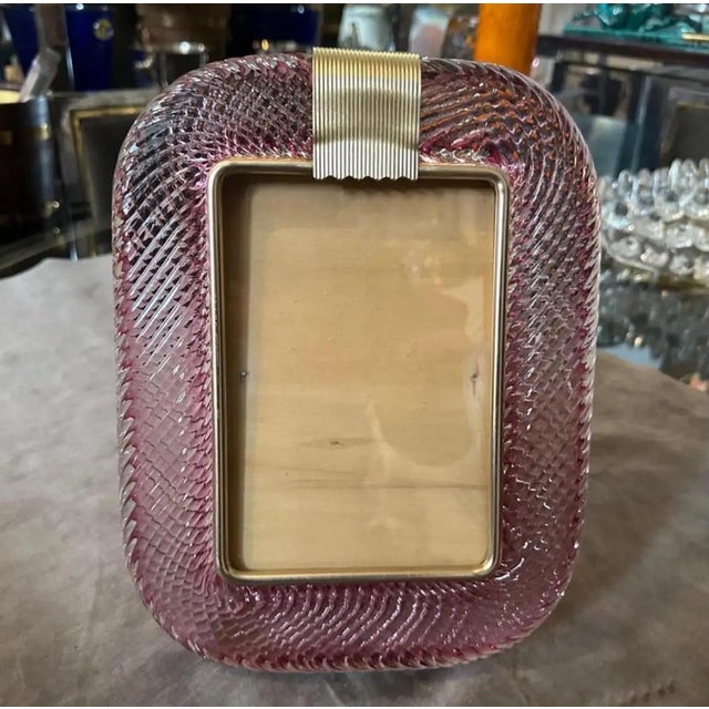 1990s 1990s Barovier Style Art Deco Pink Murano Glass and Brass Picture Frame For Sale - Image 5 of 9