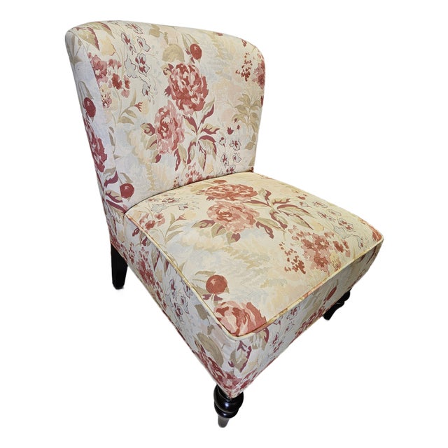 Pale Yellow Floral Linen Slipper Chair For Sale