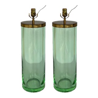 Modern Vintage Designer Thick Green Glass Cylinder Table Lamps Pair For Sale
