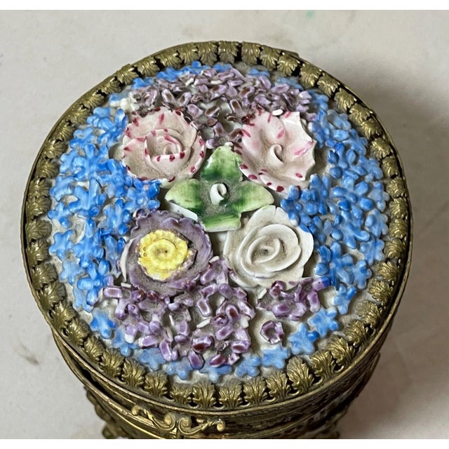 Bronze Antique 19th Century Ornate Bronze Porcelain Glass Vanity Casket Dresser Box Jar For Sale - Image 8 of 16