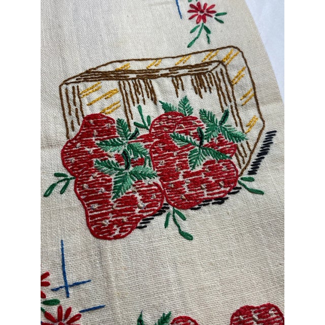 1950s Vintage 1950s Linen Tea Towels: Embroidered Fruit Baskets, Red Trim - a Pair For Sale - Image 5 of 9