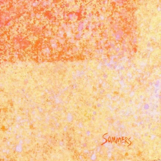 A substantial oil abstract comprising overlapping squares and circles in spackled shades of crimson, ochre, cream, ivory,...