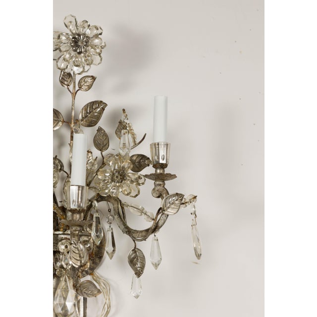 1940s Maison Baguès Crystal Three-Arm Sconces with Floral Motifs, US Wired For Sale - Image 10 of 12