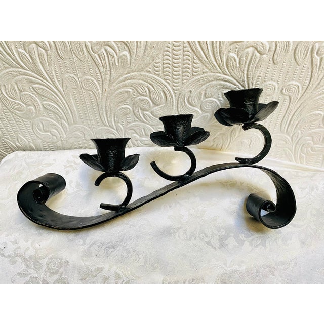Mid-Century Handmade Black Iron 3 Flowers Candleabra With Scrolled Legs For Sale - Image 4 of 10