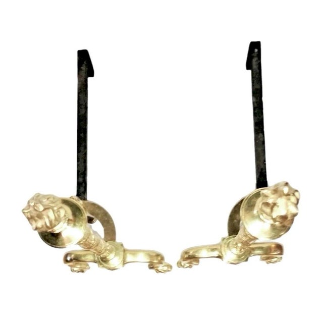 For you to consider are a pair of 1920s French Neoclassical solid brass decorative fireplace andirons with iron log...