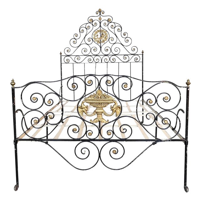 Large Black and Golden Iron & Bronze Full Bed, Early 19th Century For Sale