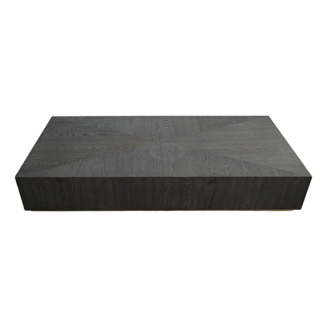 Modern Cerused Dark Oak Plinth Coffee Table With Starburst Veneer Top & Brass Inlay For Sale