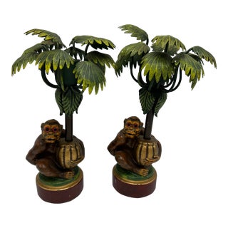 Palm Tree Candle Holders With Monkeys, a Pair For Sale