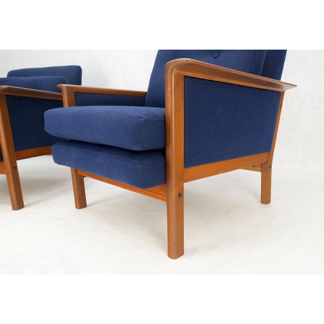 Pair of His & Hers Danish Mid-Century Modern Teak Frames New Wool Upholstery Lounge Chairs Refinished, MINT! Higher chair:...