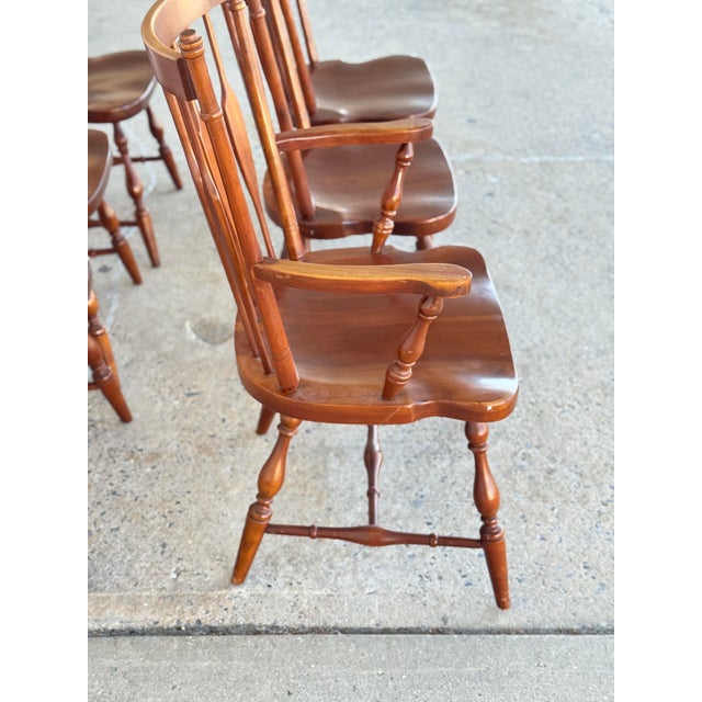 Brown Vintage Harden Solid Wood Dining Chairs Set of 6 Spindle Back Turned Legs For Sale - Image 8 of 12