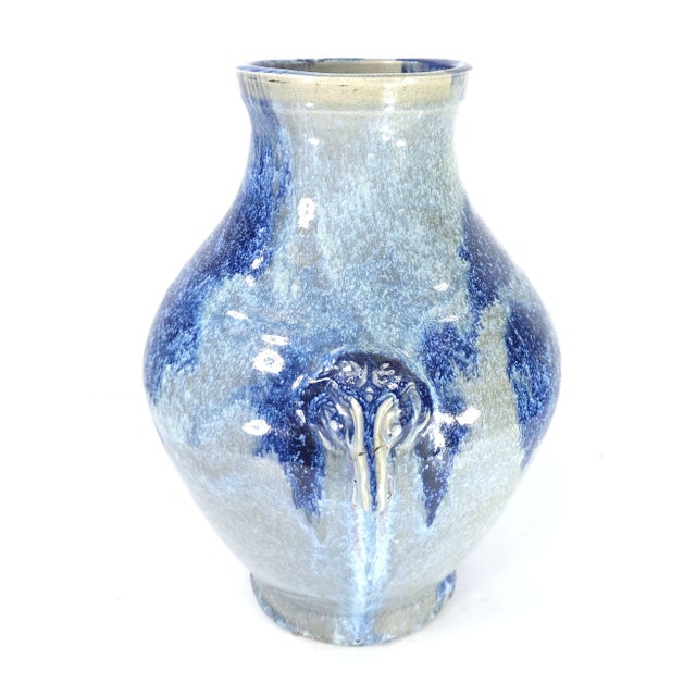 Lg. Chinese or European Cobalt Blue Reduction Glaze Ceramic W/ Jug Elephant Handles For Sale - Image 4 of 10