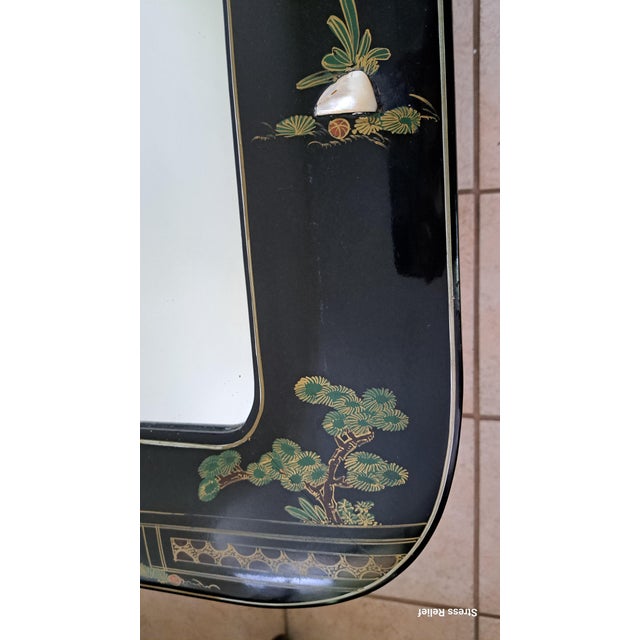 Vintage Chinese Black Lacquer Chinoiserie Wall Mirror With Mother-of-Pearl Inlay, 40" X 30" For Sale - Image 11 of 15