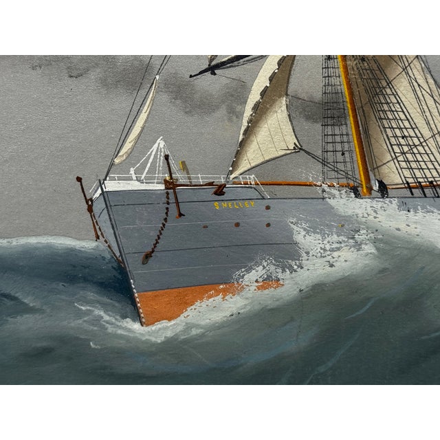 s.s. Shelley Steam Sail Ship in Heavy Seas — Attributed to Lucas Papaluca Early 20th Century Neapolitan Marine Painting | Gouache on Paper | Framed For Sale - Image 12 of 18