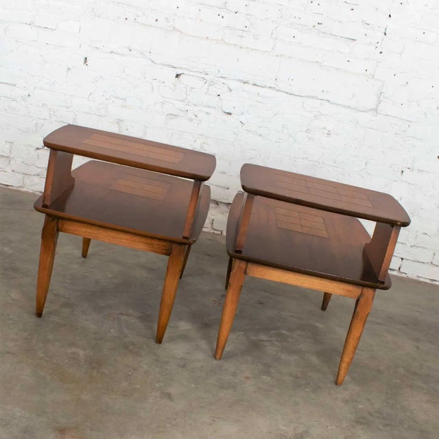 Brown Mid-Century Modern Step End Tables With Inlaid Walnut Burl Style #1927 by Lane - A Pair For Sale - Image 8 of 12