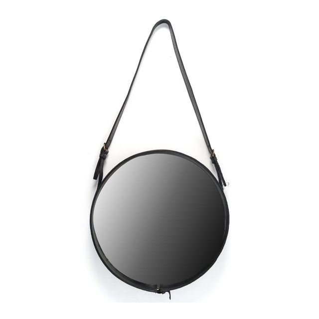 Black Leather Strap Mirror attributed to Jacques Adnet, France, 1960s For Sale - Image 8 of 8