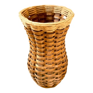 Mid 20th Century Oversized Sculptural Woven Basket Vase – Rustic Boho Accent For Sale