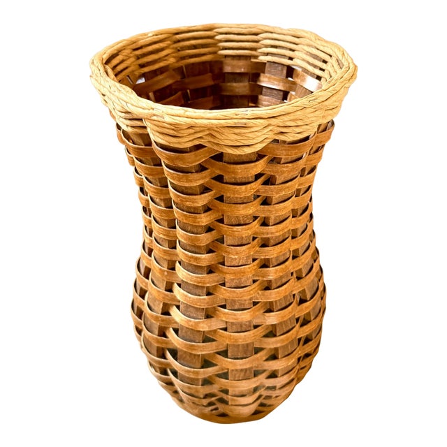 Mid 20th Century Oversized Sculptural Woven Basket Vase – Rustic Boho Accent For Sale