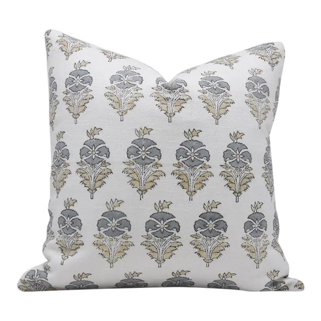 Fabdivine Floral Block Print Pillow Cover 14x20 Inch Off-White Linen-Mor Mukut For Sale