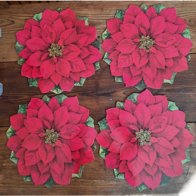 English 1990s Christmas Poinsettia Cork Placemats - Set of Four For Sale - Image 3 of 5