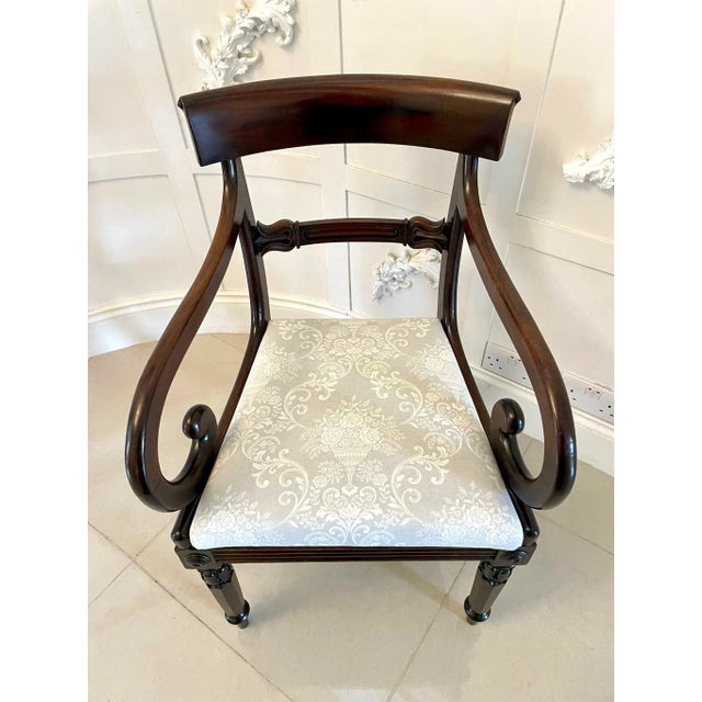 Antique regency quality mahogany desk chair having a quality shaped mahogany top rail, carved mahogany shaped centre...