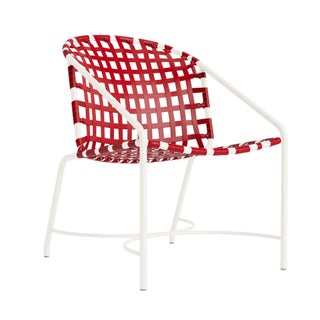 Brown Jordan Kantan Aluminum Arm Chair in Chalk with Red Vinyl Strapping For Sale