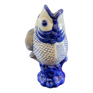 Late 20th Century Asian Ceramic Koi Fish Blue and White Vase