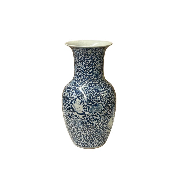 Oriental Blue White Kids Among Flower Graphic Porcelain Art Vase For Sale In San Francisco - Image 6 of 15