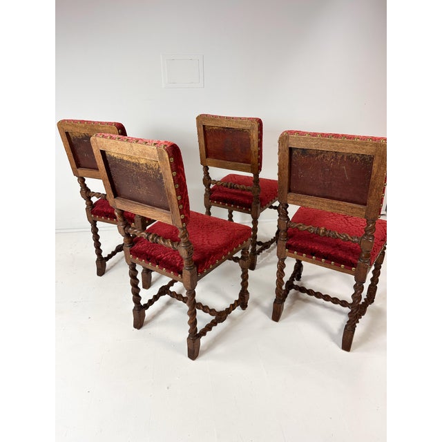 Set of six 1920's Baroque style dinning chairs. Turned Beech wood frames. Velvet upholstery. Sweden Delivery to NYC area...