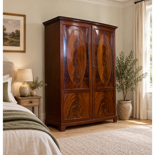 An Edwardian mahogany double wardrobe featuring striking oval flame-mahogany panels and a moulded cornice. The spacious...