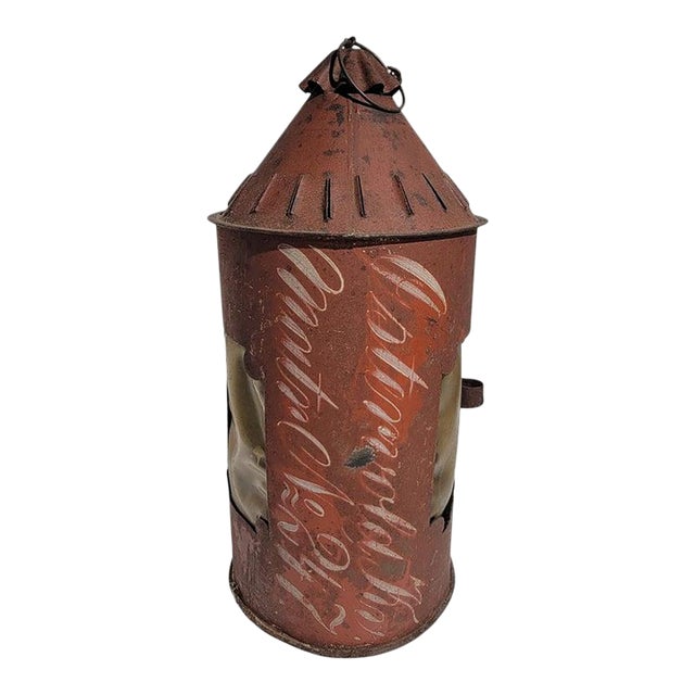 Early 19Thc Original Red Painted Punched Tin Lantern For Sale