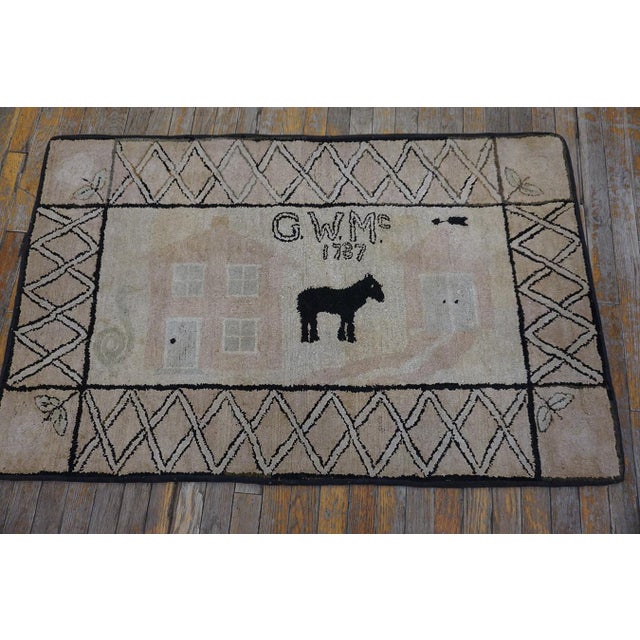 Early 20th Century Pictorial American Hooked Rug ( 2'9" x 4'5" - 84 x 135 ) Antique American Hooked Wool Ivory Beige Cream...