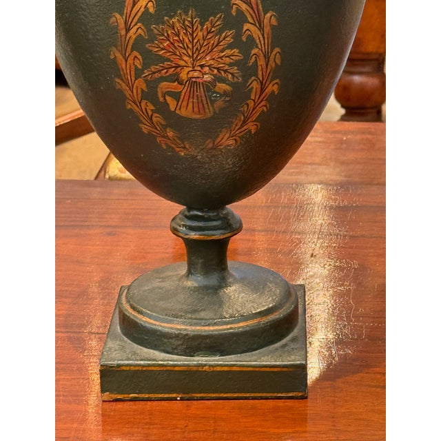 Neoclassical Pair of Neoclassical Tole Urns For Sale - Image 3 of 11