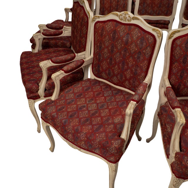 1970s French Provincial Dining Chairs Louis XV Style White Frame Upholstered -Set of 9 For Sale - Image 4 of 18
