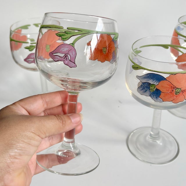 Glass 1980s Villeroy & Boch “Amapola” Goblet Glasses – Floral Art Wine Glasses - Set of 4 For Sale - Image 7 of 8