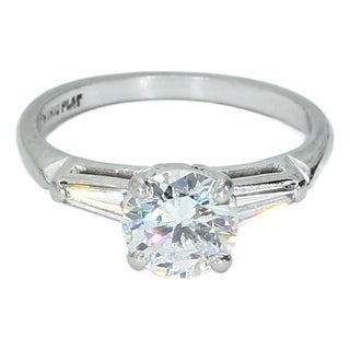 Platinum Engagement Ring With ~.75ct Round Center Stone & Tapered Baguettes, Size 4.75 For Sale