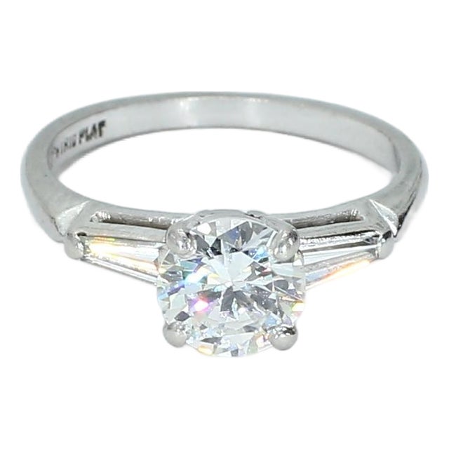 Platinum Engagement Ring With ~.75ct Round Center Stone & Tapered Baguettes, Size 4.75 For Sale
