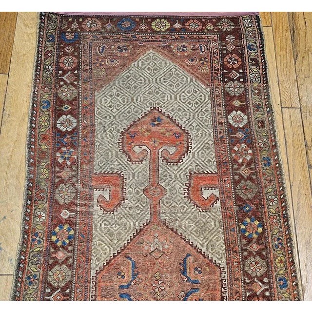 Camel Antique Persian Malayer Rug, Handwoven Geometric Pattern, Camelhair & Burgundy, 3’ X 7’ For Sale - Image 8 of 12