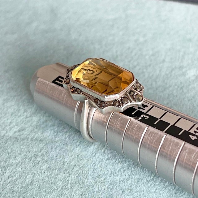 1920s Art Deco Silver Citrine & Marcasite Ring, Size 3 For Sale - Image 9 of 10