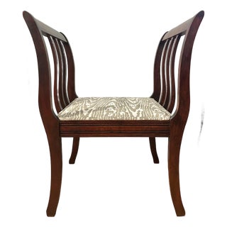 1940s Regency Revival Mahogany High-Arm Hall Bench With Upholstered Seat and Velvet Lumbar Pillow For Sale