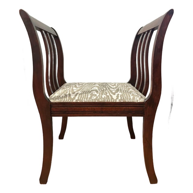 1940s Regency Revival Mahogany High-Arm Hall Bench With Upholstered Seat and Velvet Lumbar Pillow For Sale