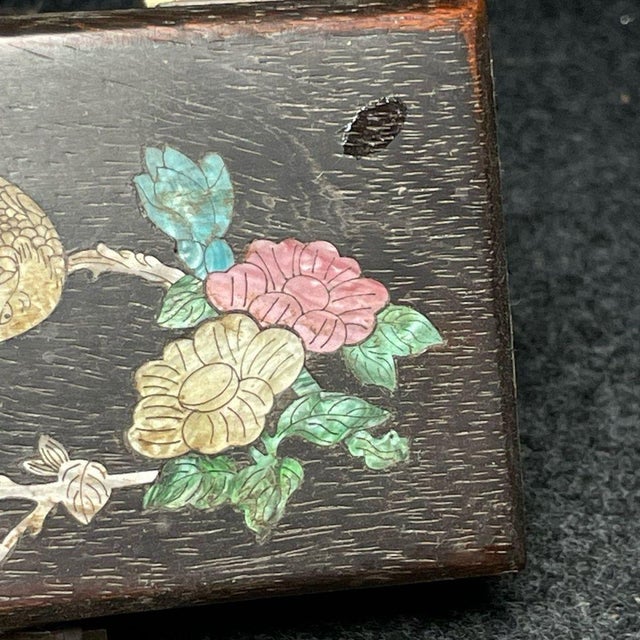 Asian Vintage Rosewood Jewelry Box With Mother-of-Pearl Inlay & Brass Lock For Sale - Image 3 of 9