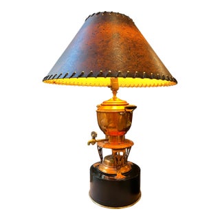 1970s Large Copper Lamp With Stand, Hot Water Kettle Design With Detailed Stitched Shade For Sale