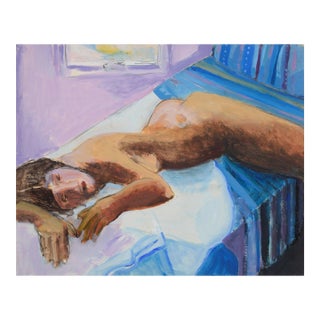 Vintage Figurative Nude Study Posed on Bed - Acrylic on Paper by Katherine Kallick For Sale