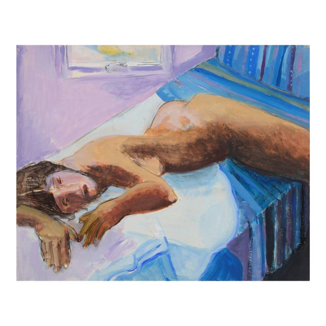 Vintage Figurative Nude Study Posed on Bed - Acrylic on Paper by Katherine Kallick For Sale