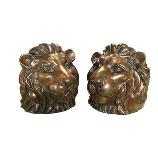 Lion Head Book Ends Metal Bronzed Colored - a Pair For Sale