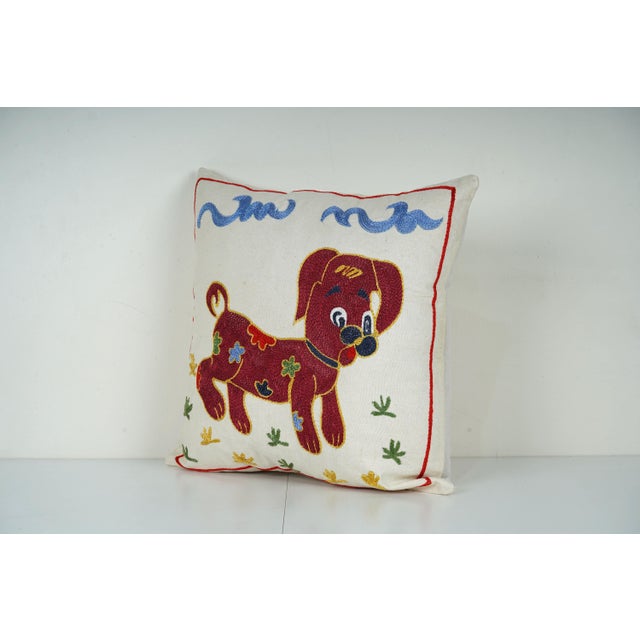 Mid-Century Modern Dog Pattern Suzani Cushion – Boho Nursery & Kids Room Decor 19'' X 19'' For Sale - Image 3 of 5