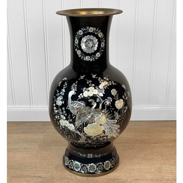 Chinoiserie Vintage 28" Chinese Black Enamel Mother of Pearl Peacock Floor Vase For Sale - Image 3 of 9