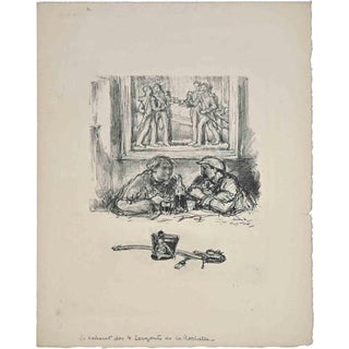 Georges Gola, Drinking Men in Cafe, Lithograph, 19th Century For Sale